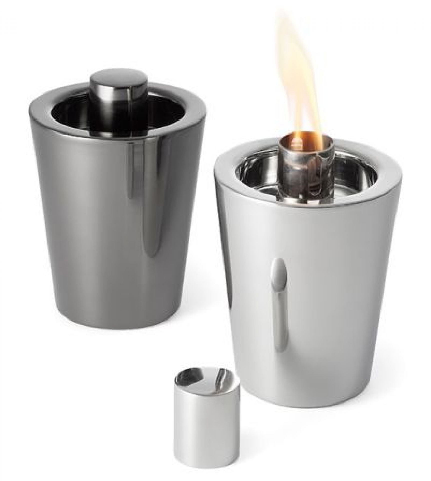 Tarcia Tischfackel von Philippi, modernes Designobjekt für den Innen- und Außenbereich, in Schwarz und Silber.